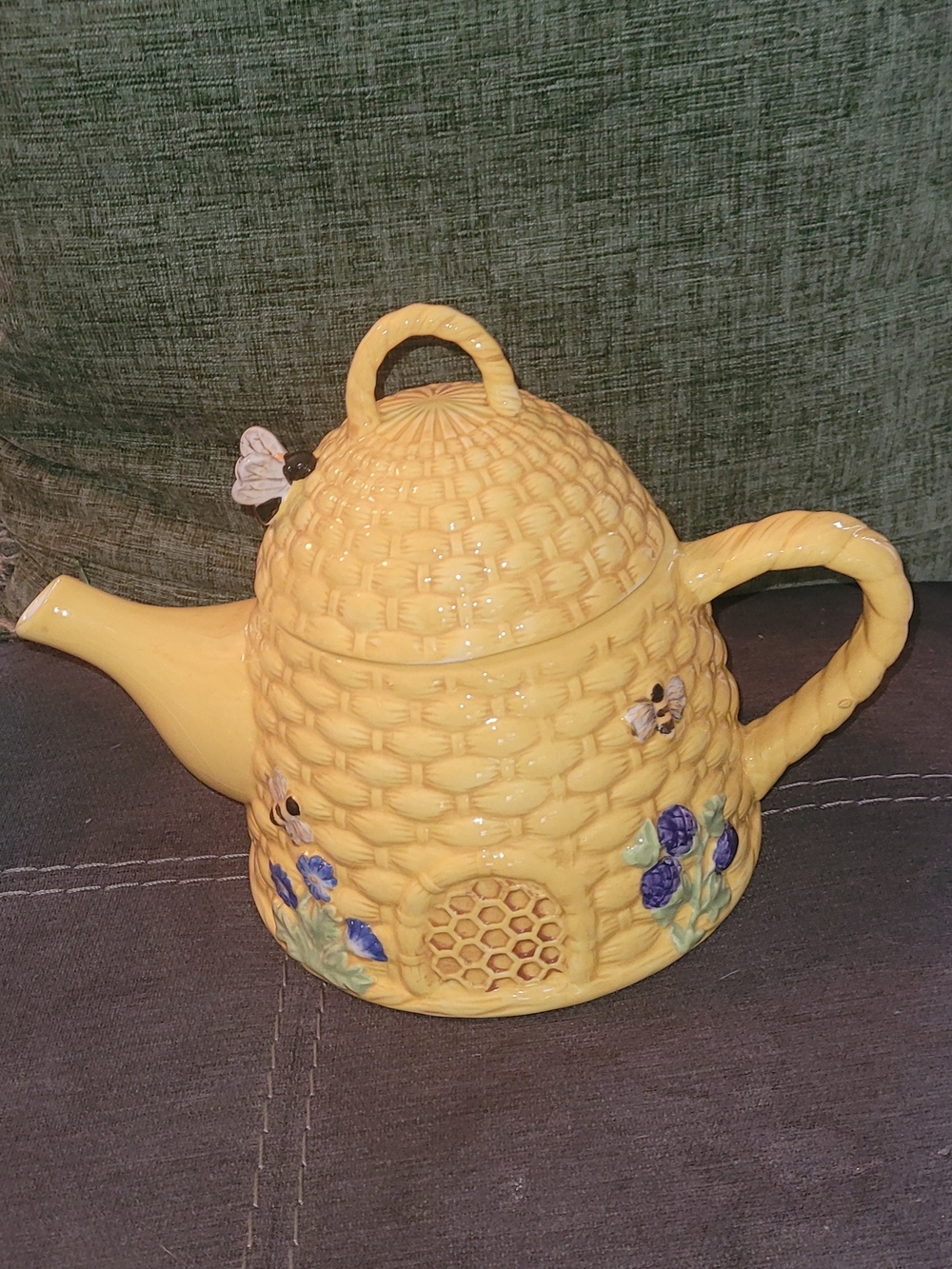 Yellow Bee Hive Ceramic Teapot with Floral & Bee Accents